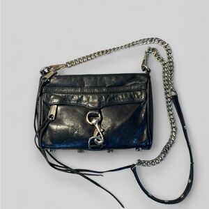 R Minkoff Mini Mac, black lambskin leather silver tone chain strap, with fringe